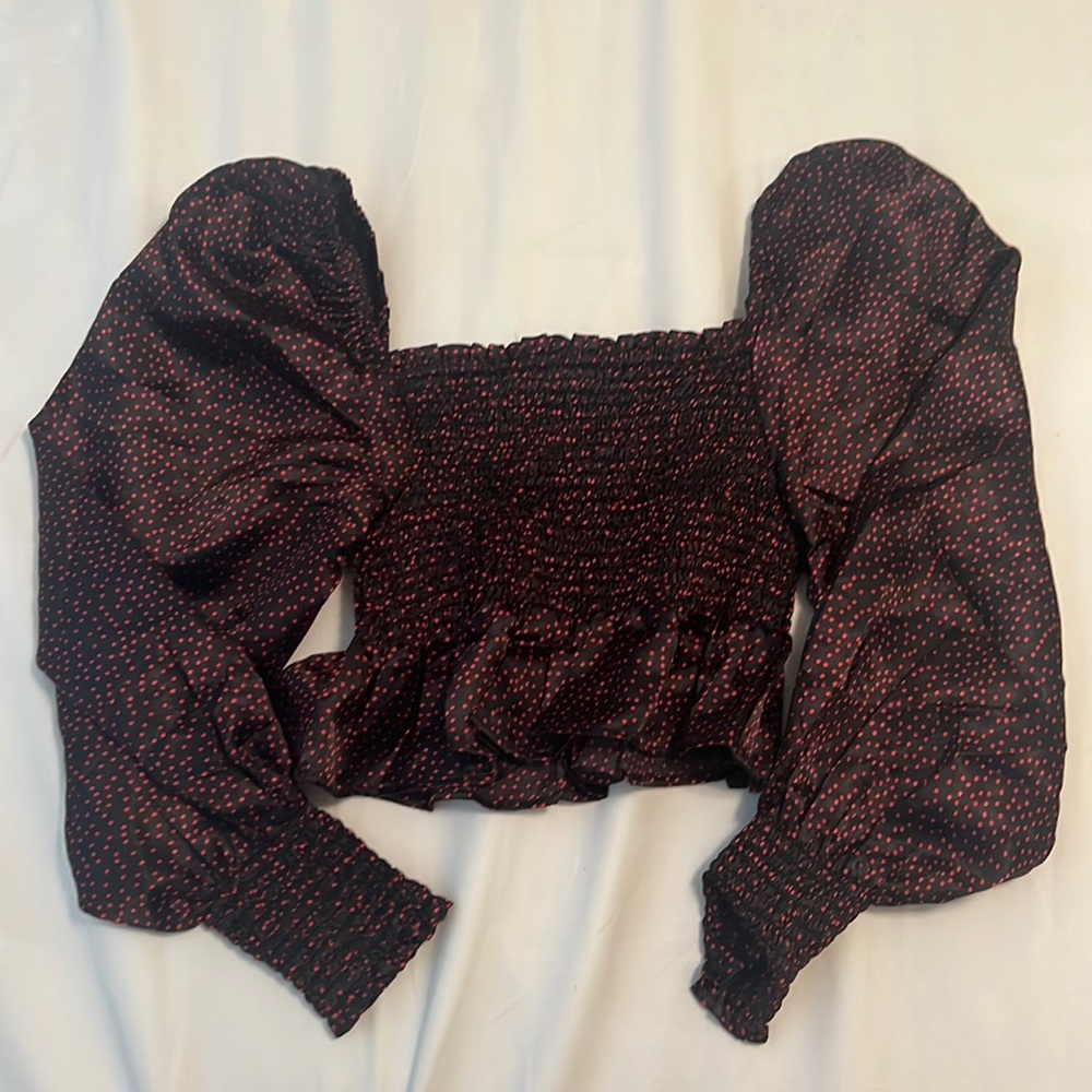 NWT smocked crop top long sleeves black red dots